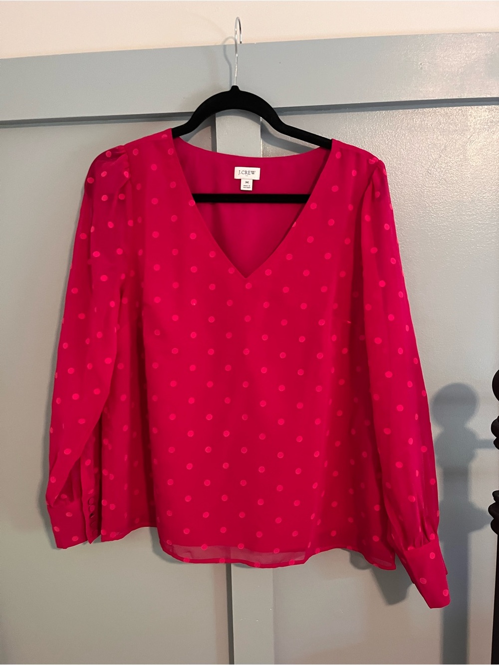 J. Crew Hot Pink Polka Dot V-Neck Blouse